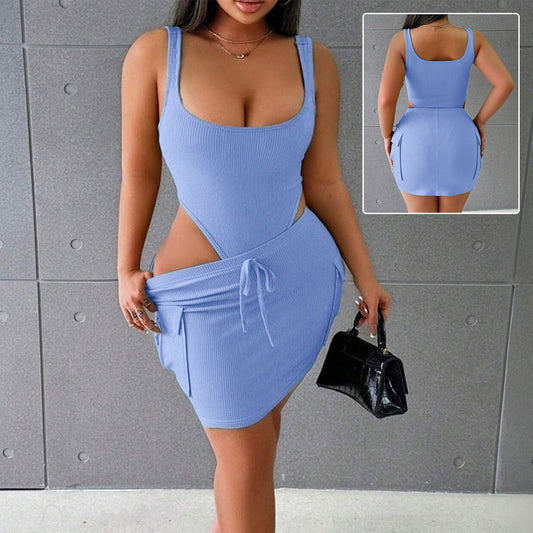 Women's Suits Summer Square Neck Suspender Jumpsuit And Slim Skirt